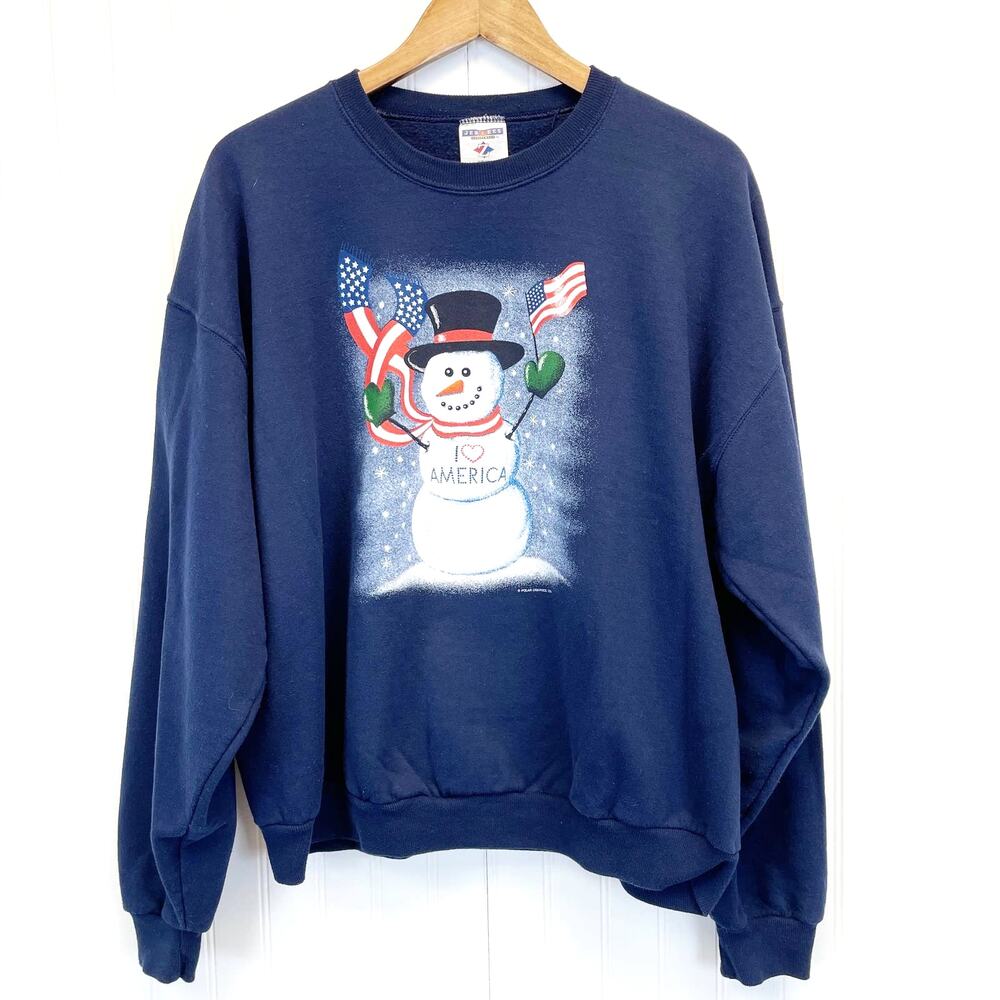 Jerzees Nublend Womens XL Patriotic Snowman‎ Sweatshirt Winter Flag Dark Blue